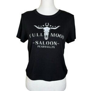 Full Moon Saloon Women’s Size 2XL Black Cropped Baby Tee Short Sleeve Cowgirl TX